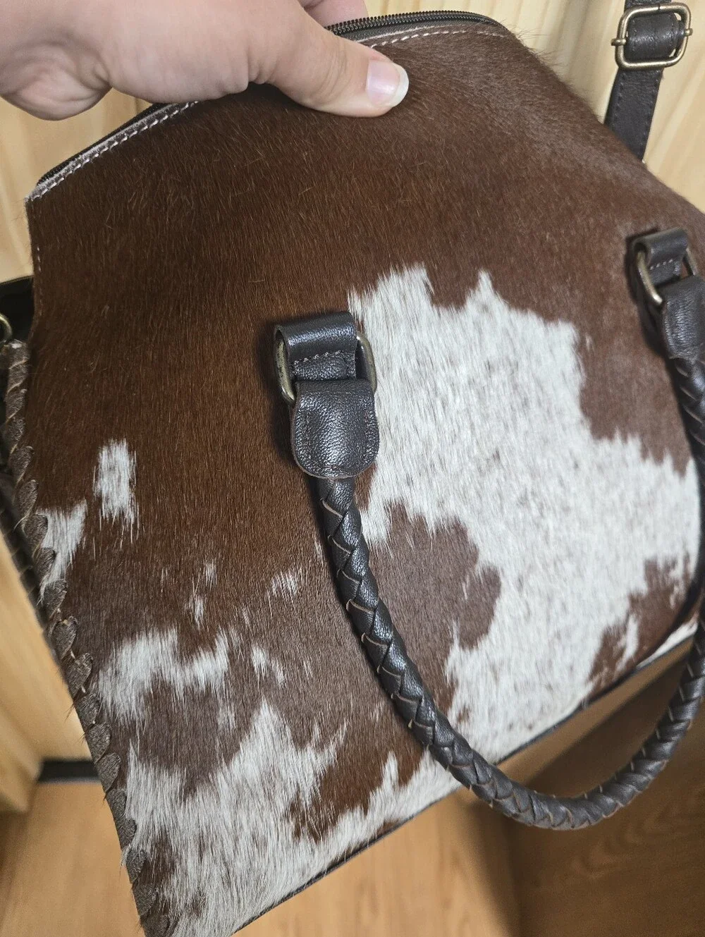 Brown and White Cowhide Dome Satchel - Women's Shoulder Bag